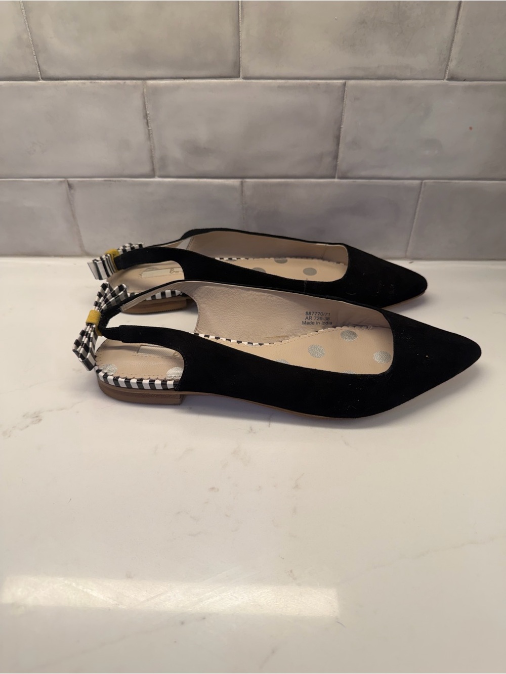 Boden Cut Out Slingback Flats Black Suede Pointed Toe Bow Shoes Women’s Size 8